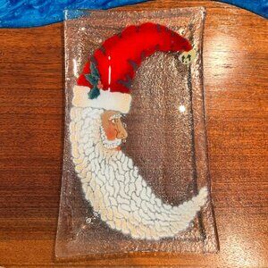 Peggy Karr Fused Glass Crescent Moon Santa Claus Christmas Plate Tray